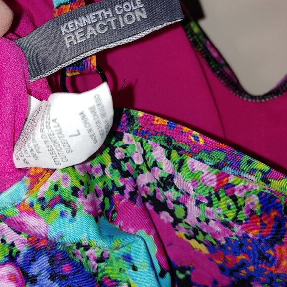 Kenneth Cole Multi-color Floral Mesh Ruffle Swim Tank Top Sz L Red - Picture 4 of 6